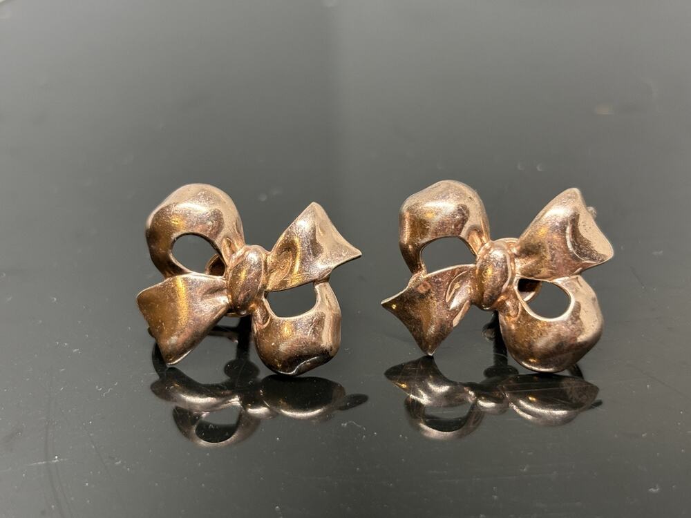 Vintage Sterling Silver 925 Rose Gold Tone Bow Screw On Earrings 4.6 Gram